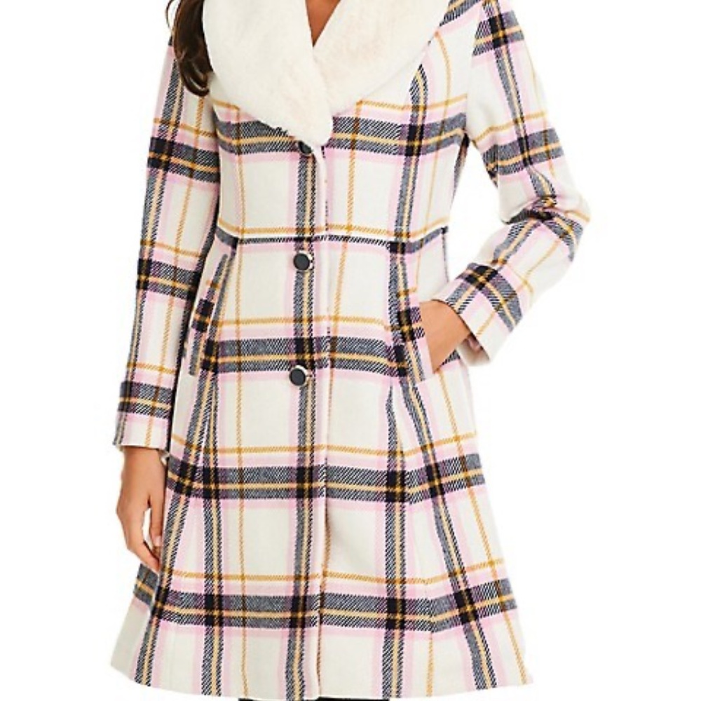 NWT KATE SPADE Plaid Faux-Fur-Collar Fit-&-Flare Coat
